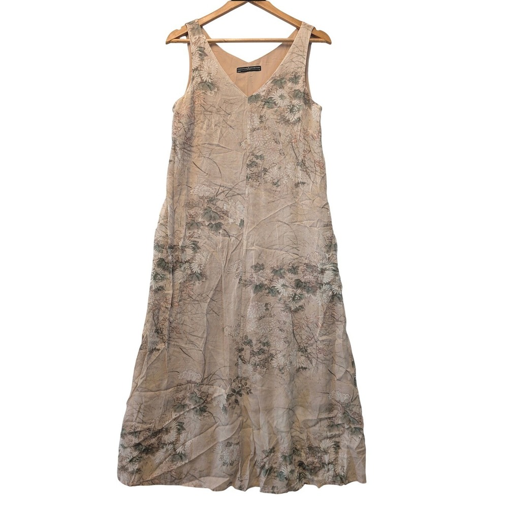 Peruvian Connection Floral Chrysanthemum Maxi Dress Beige V-Neck Rayon Modal M